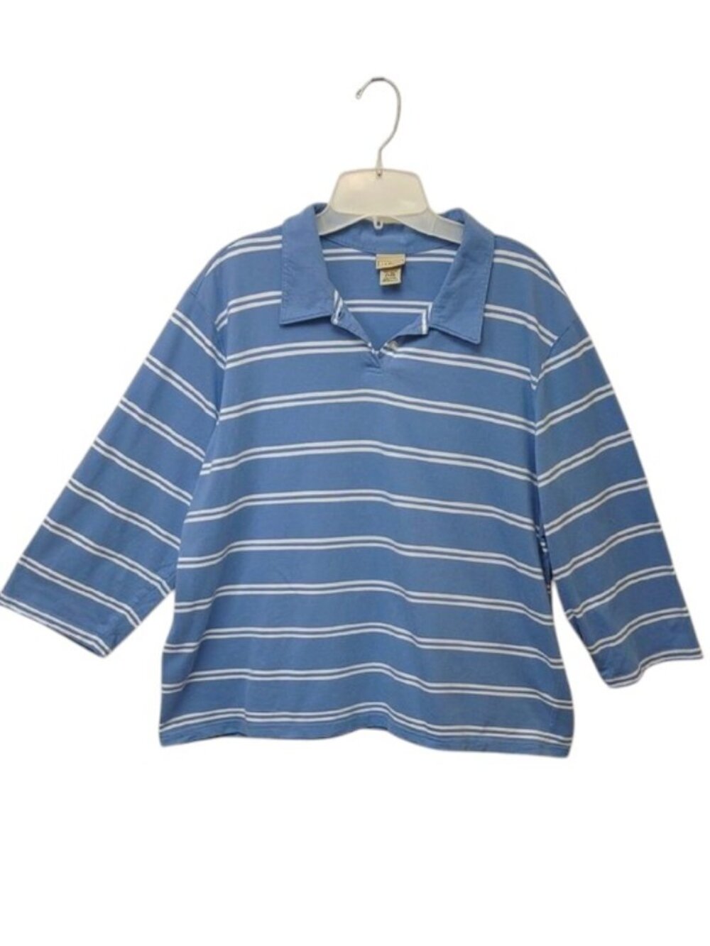 L. L. Bean Women's 100% Cotton Blue & White Stripe Polo 3/4 Sleeve Top